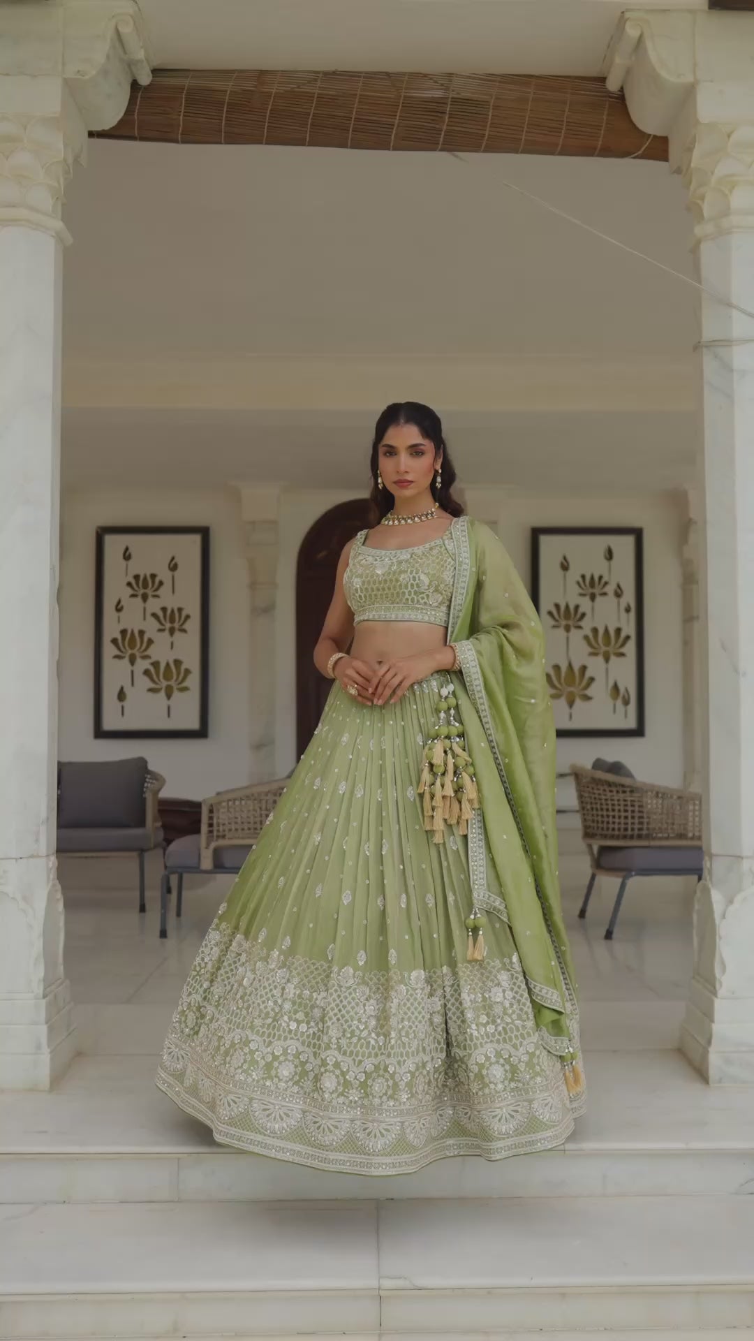 Olive Green Lehenga Choli with Intricate Silver Embroidery and Matching Dupatta