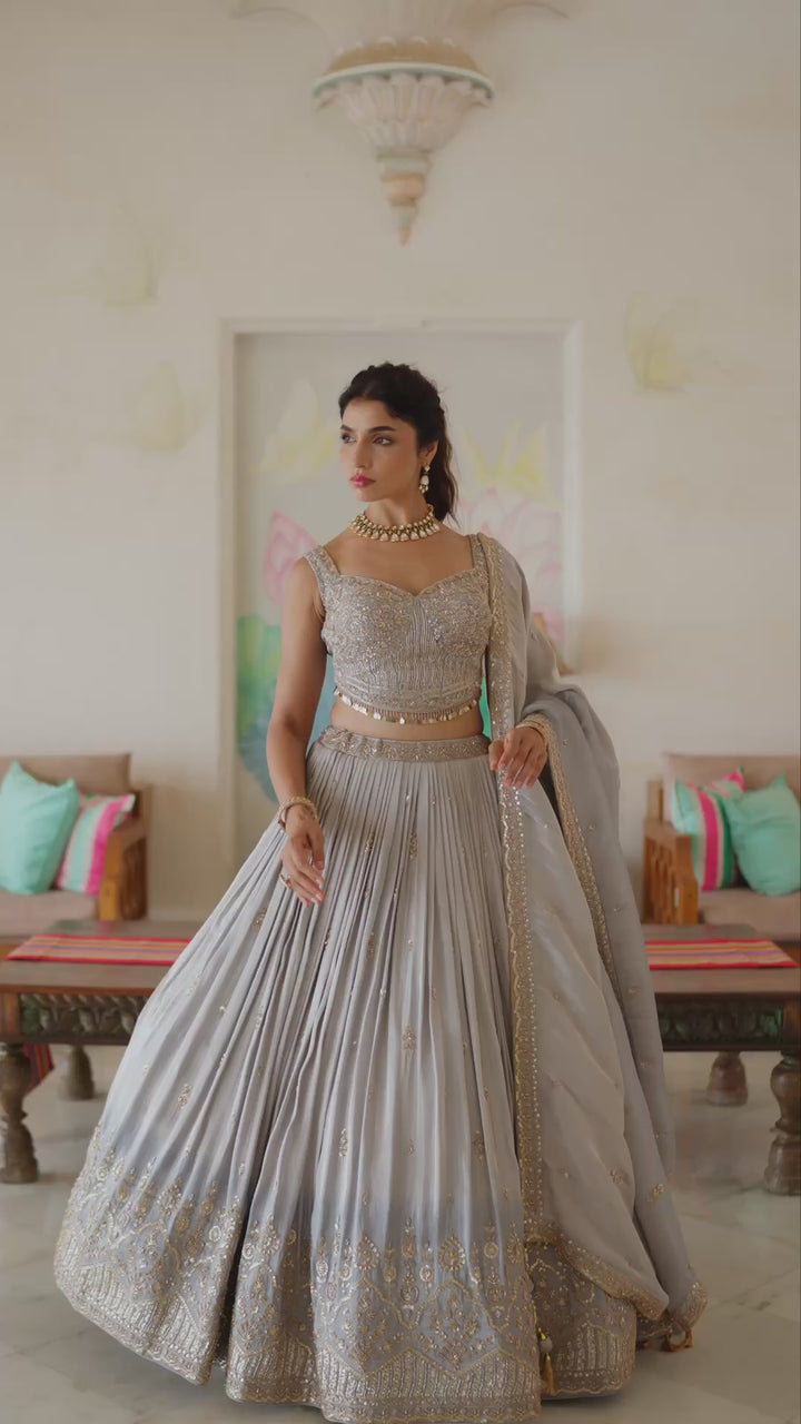 Silver Grey Lehenga Choli with Intricate Sequin Embroidery and Ornate Border