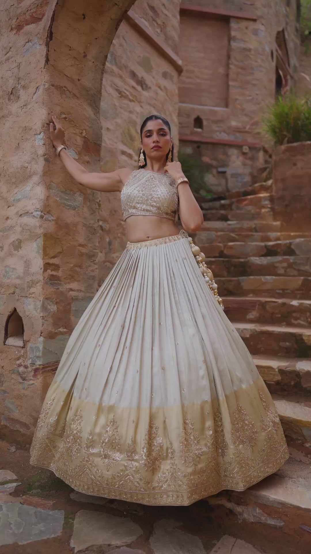 Ivory Beige Lehenga Choli with Golden Embroidered Border and Matching Dupatta