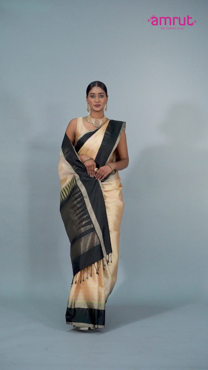 Light Peach with Black Borders and Striped Pattern Saree with Unstitched Blouse