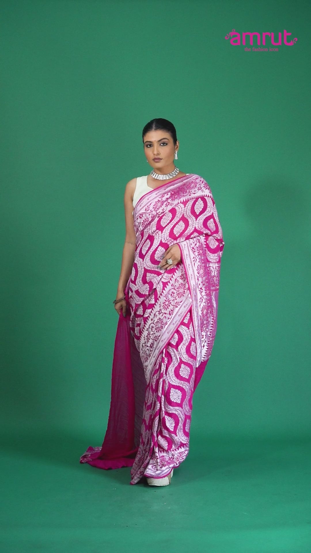 Vibrant Pink Saree with Silver Paisley Design and Unstitched Blouse