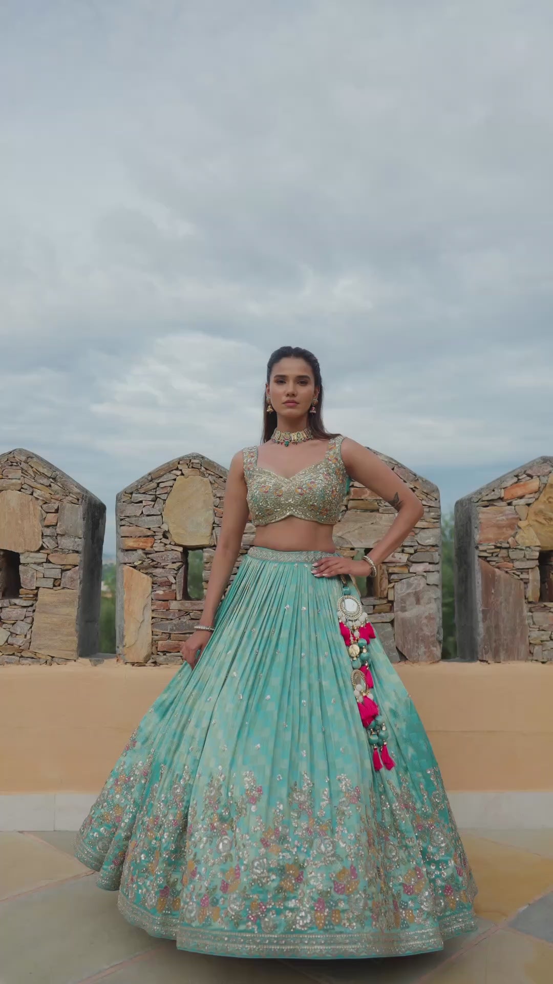 Sea Green Lehenga Choli with Golden Embroidery and Contrasting Turquoise Dupatta
