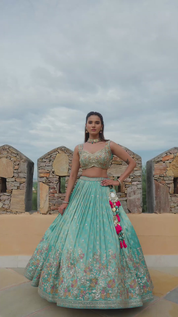 Sea Green Lehenga Choli with Golden Embroidery and Contrasting Turquoise Dupatta