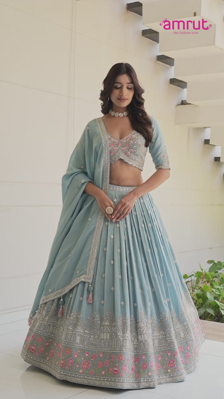 Light Blue Embroidered Lehenga Choli with Dupatta