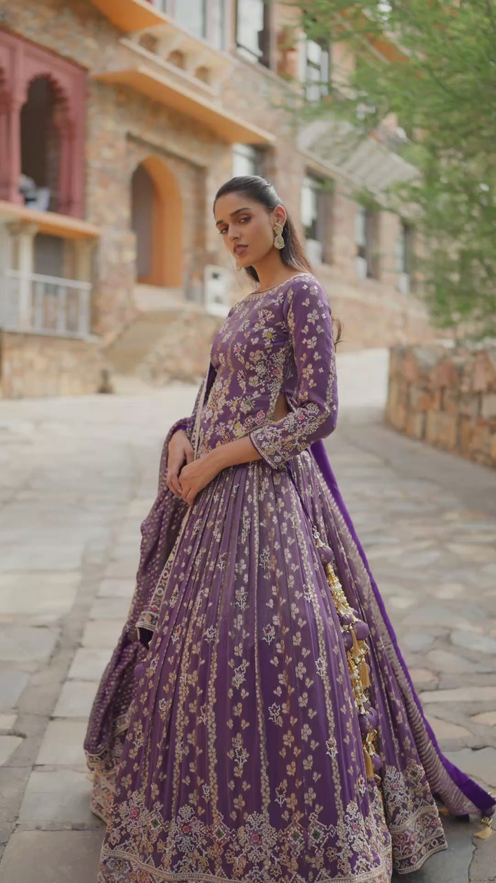 Royal Purple Lehenga Choli with Multicolour Floral Embroidery and Matching Dupatta
