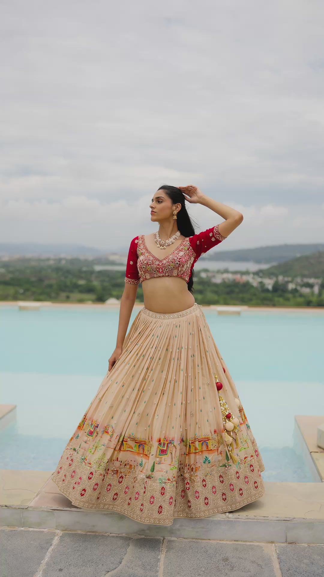 Ivory Bridal Lehenga with Red Bandhani Dupatta & Artistic Embroidered Border
