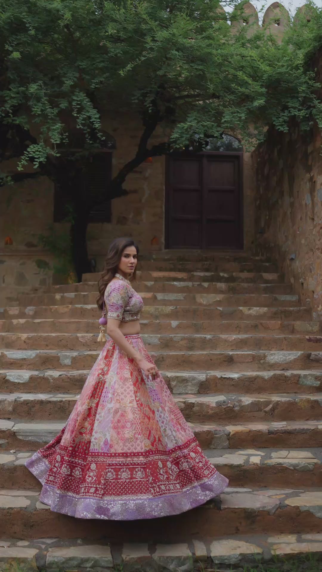 Peach Multicolour Patchwork Lehenga Choli with Maroon Embroidered Borders