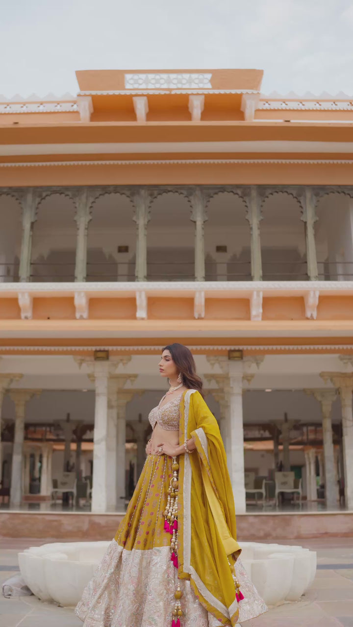Mustard Yellow & Ivory Embroidered Bridal Lehenga Choli Set