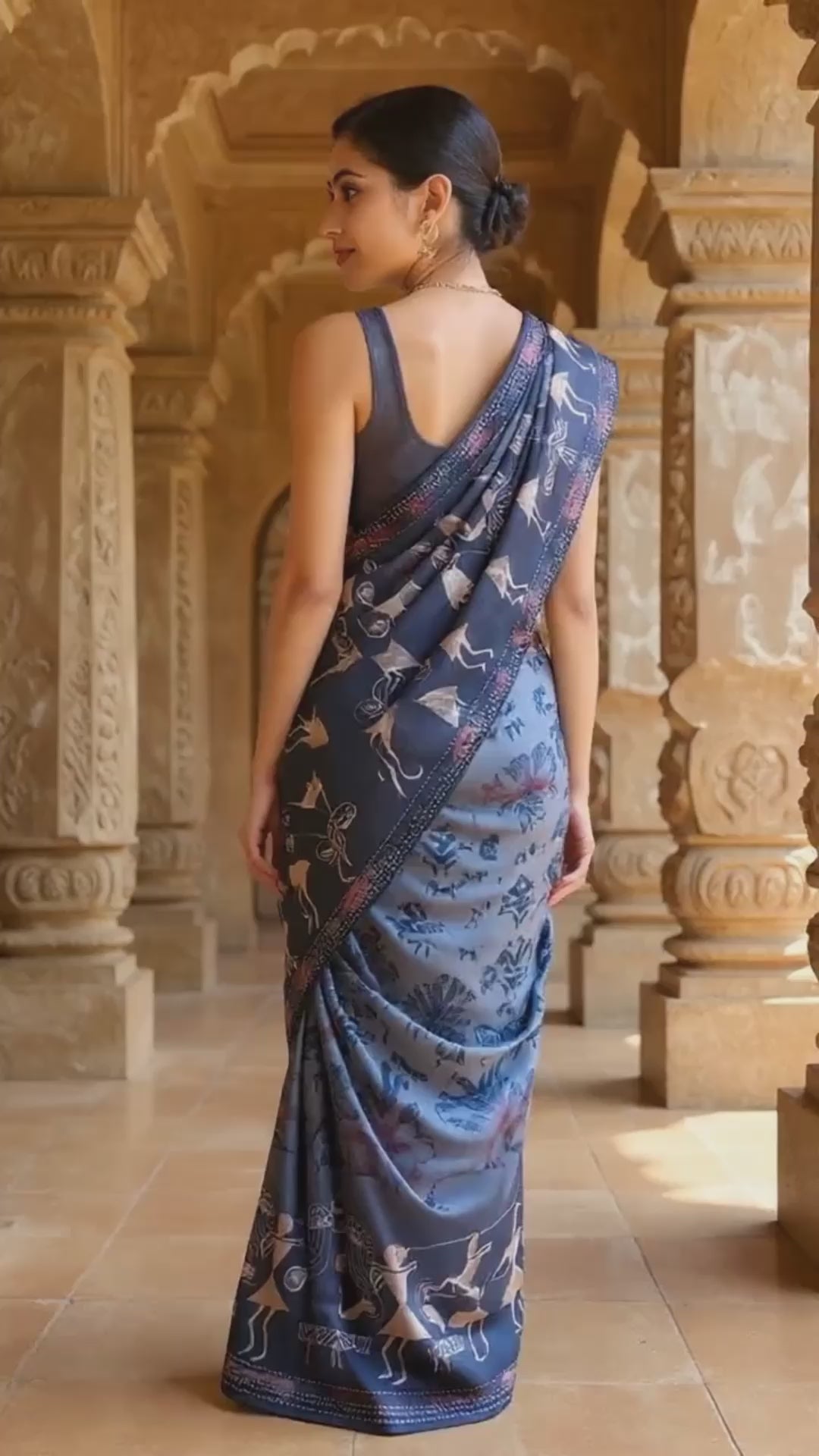 Handcrafted Grey Cotton Saree with Warli Art Print Ethnic Tribal Design