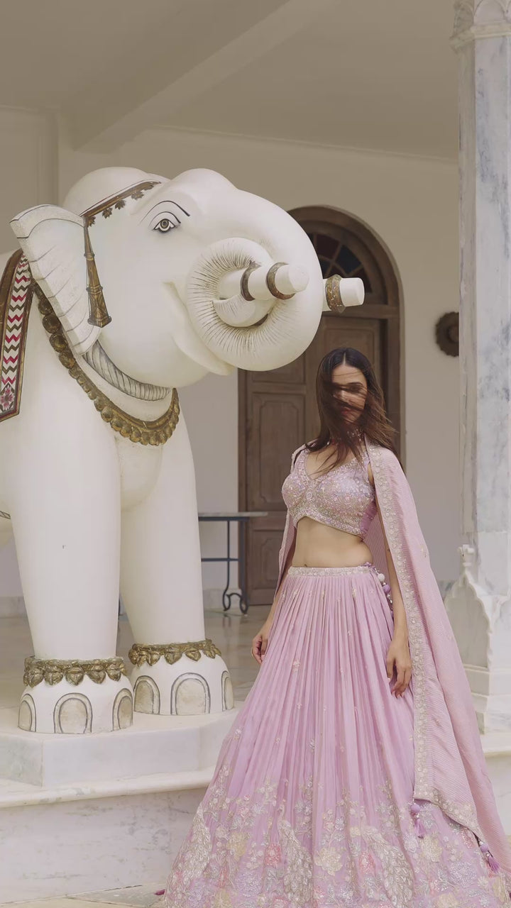 Pastel Lilac Embroidered Designer Lehenga with Sequin & Threadwork Blouse