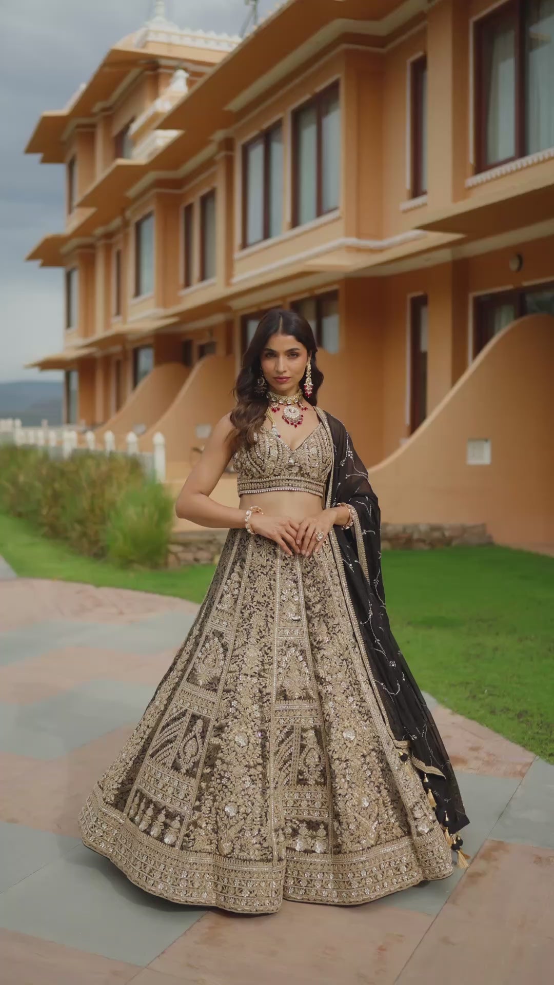 Black and Antique Gold Embroidered Designer Lehenga Choli with Elegant Dupatta