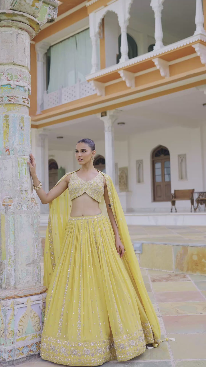 Sunshine Yellow Heavy Sequins & Thread Embroidered Designer Lehenga Set