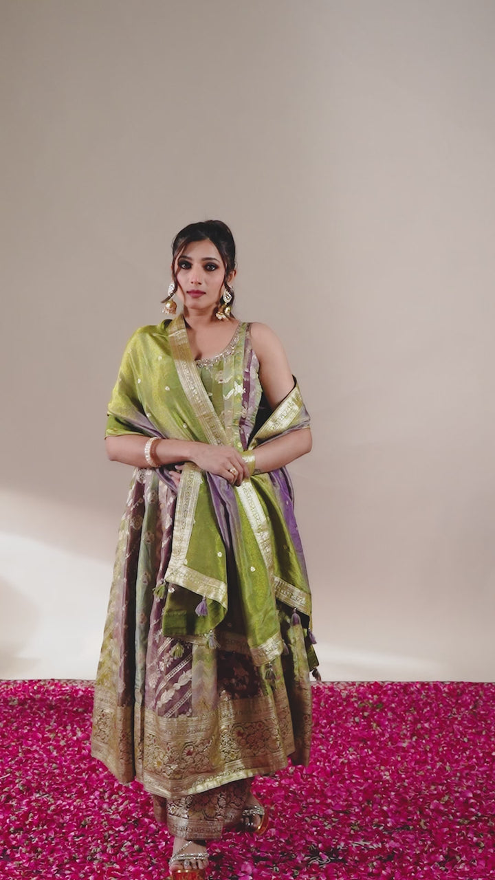 Olive Green & Mauve Banarasi Anarkali Palazzo Set with Dupatta