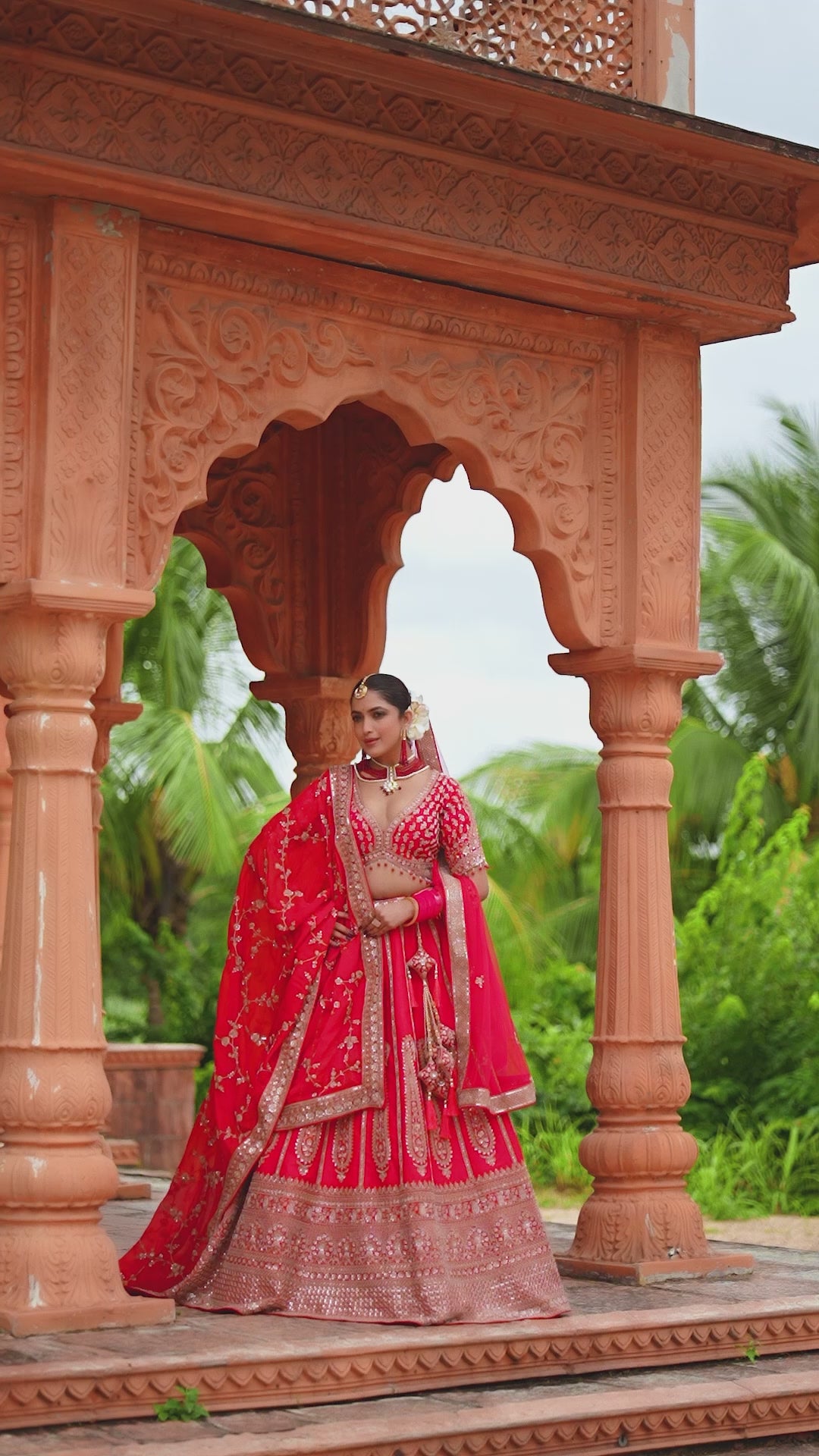Rajwada Crimson Elegance Bridal Lehenga Choli with Intricate Golden Embroidery