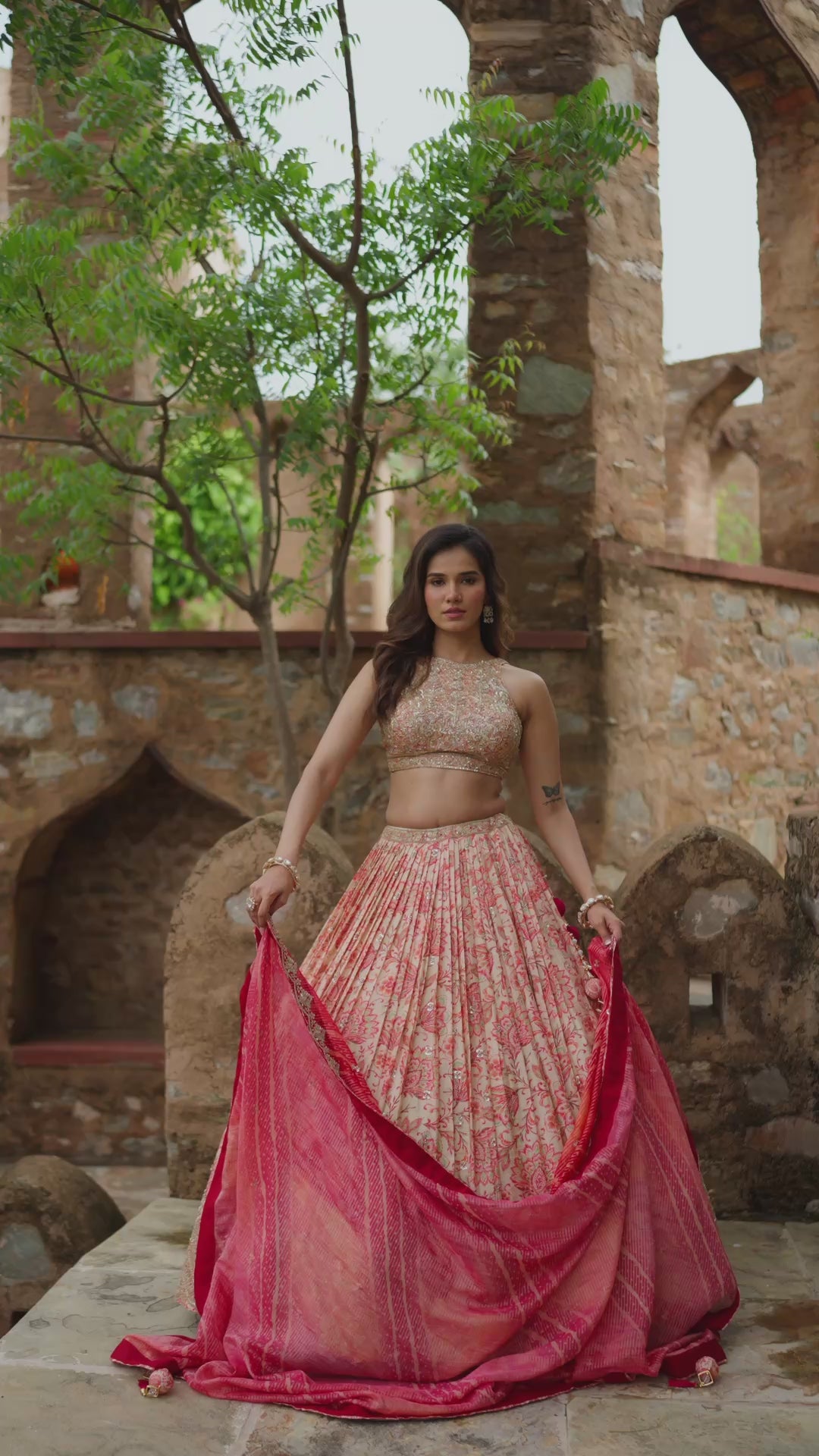 Elegant Ivory & Coral Pink Embroidered Bridal Lehenga Choli Set with Dupatta