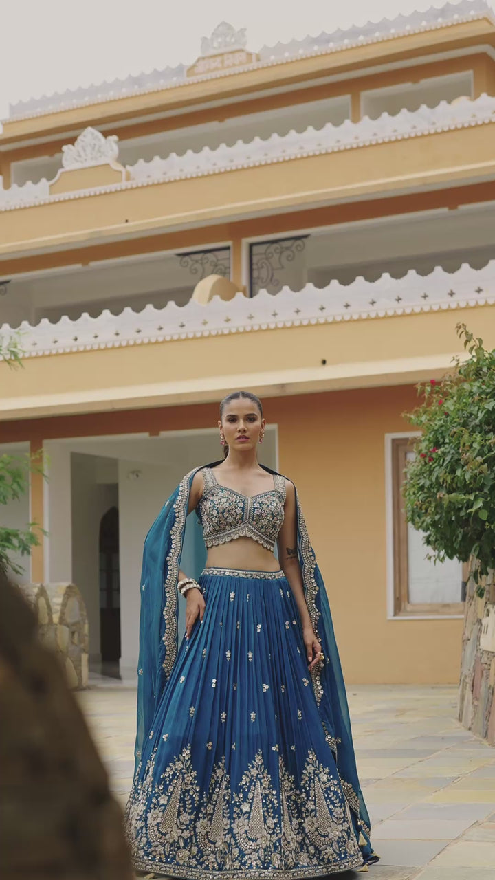 Teal Blue Luxury Hand-Embroidered Designer Lehenga with Sequins & Thread Work