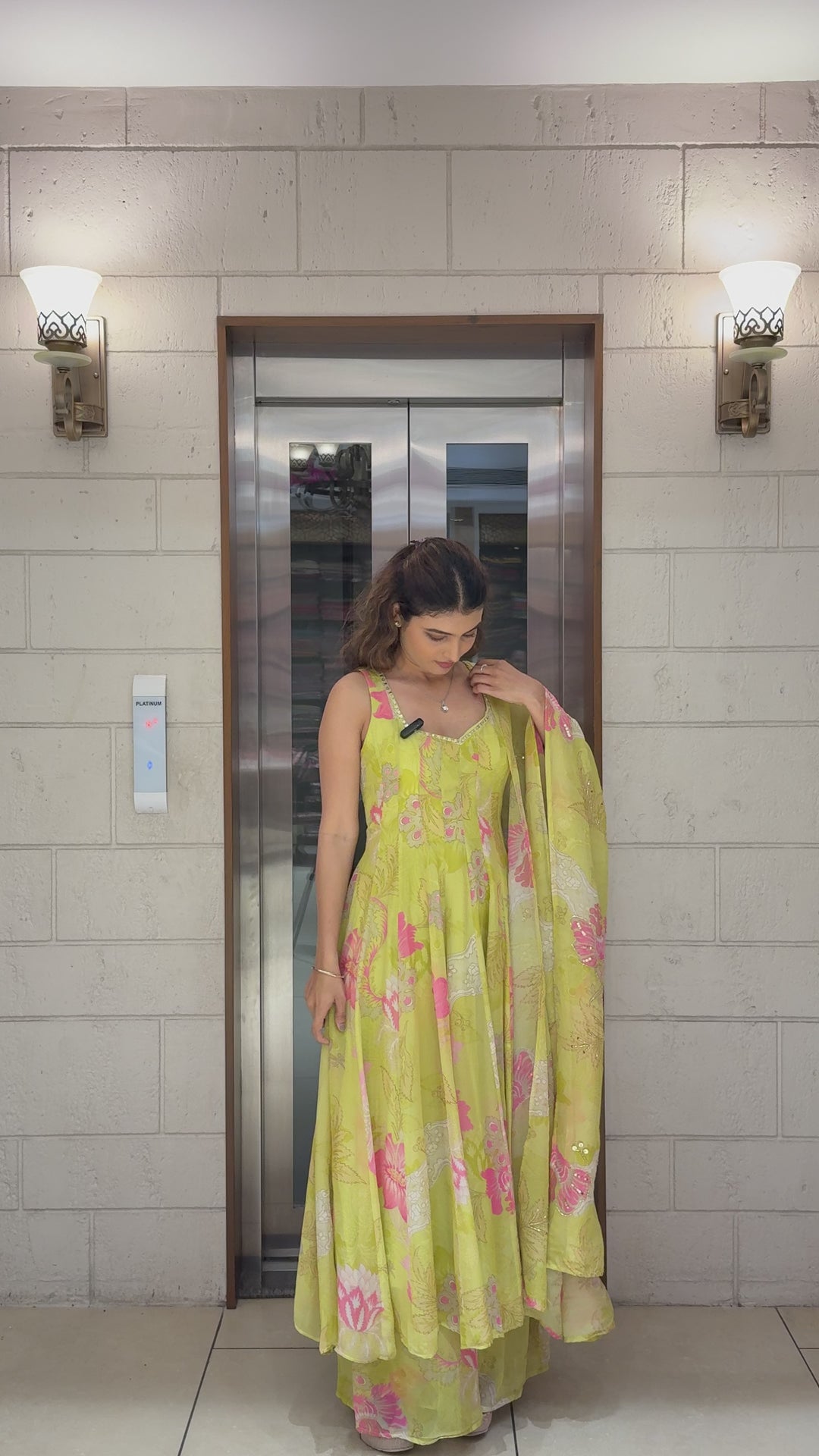 Lime Yellow Floral Anarkali Set with Palazzo Pants and Dupatta