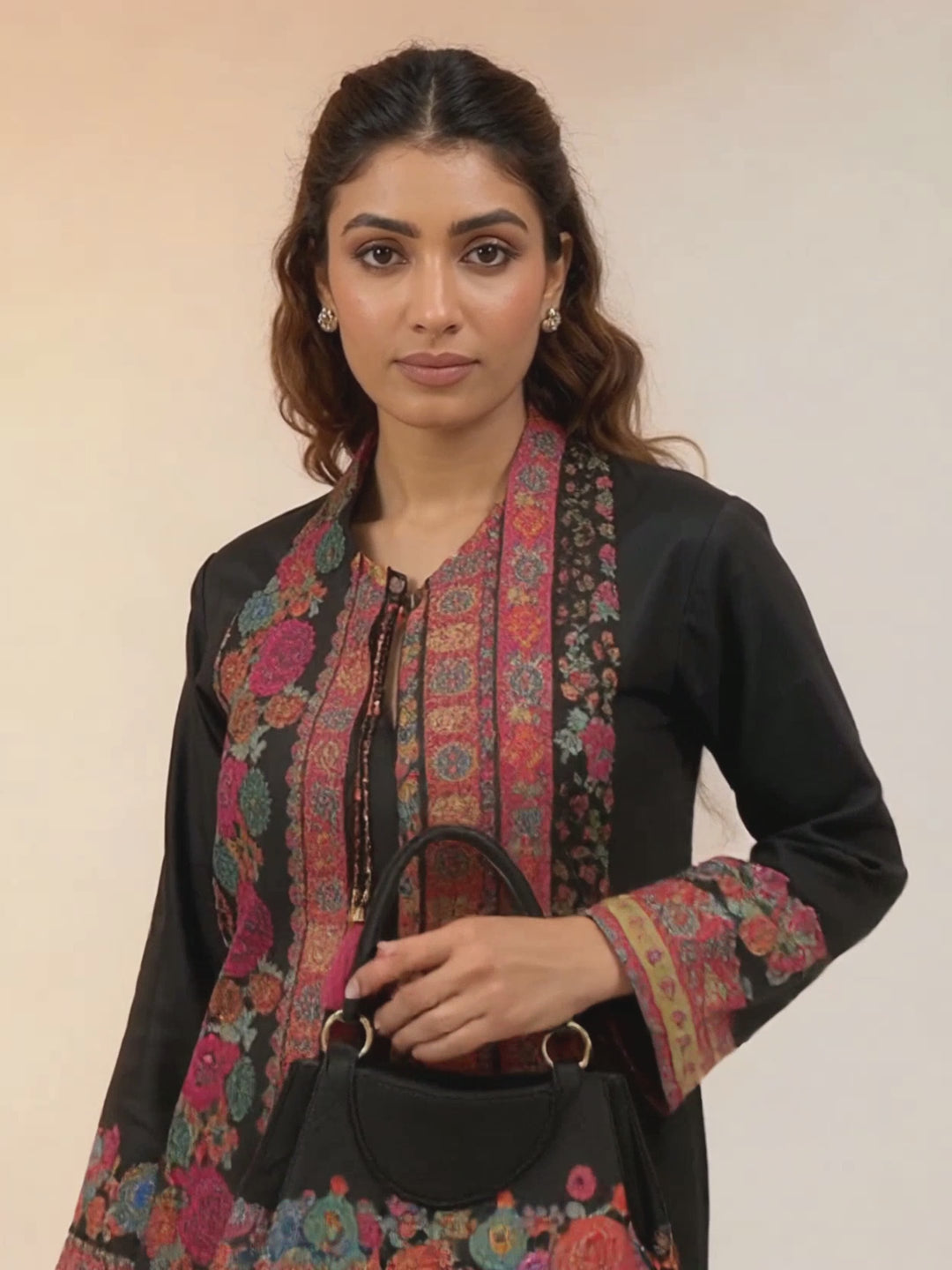 Black Kashmiri Embroidered Suit Set with Matching Bag