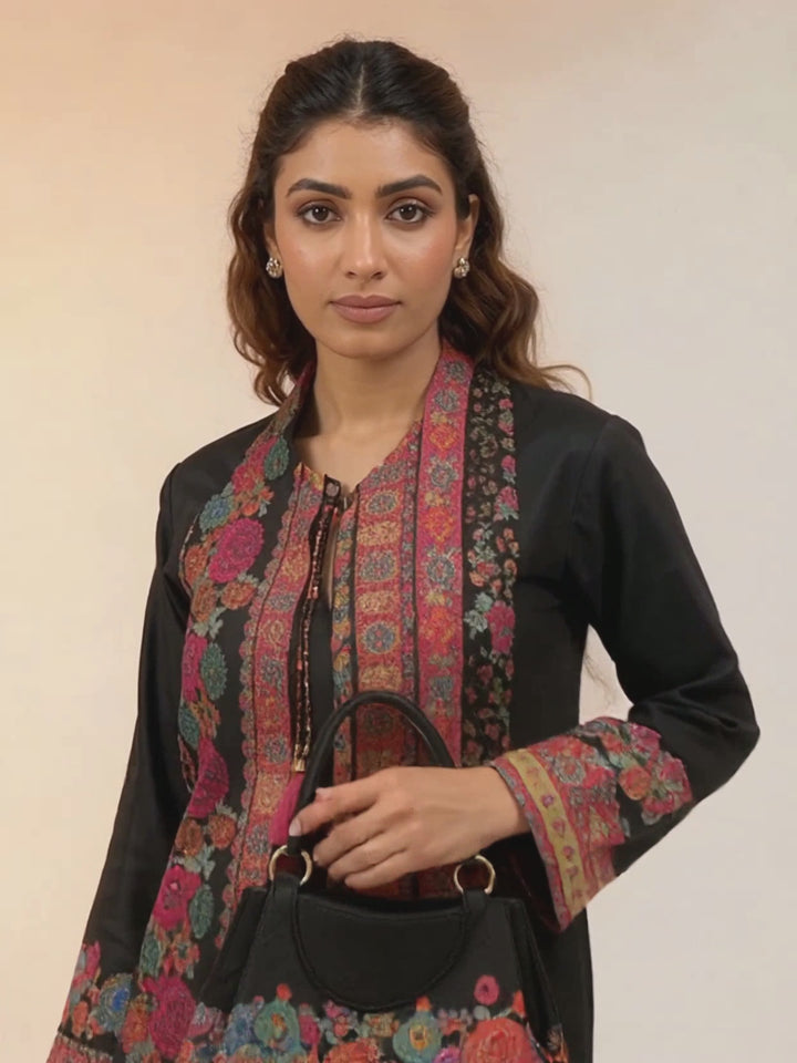 Black Kashmiri Embroidered Suit Set with Matching Bag