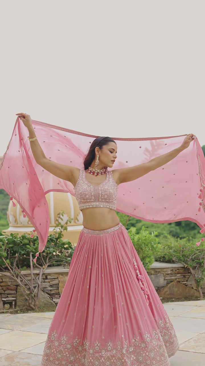 Blush Pink Hand-Embroidered Designer Lehenga with Sequins, Mirror Work