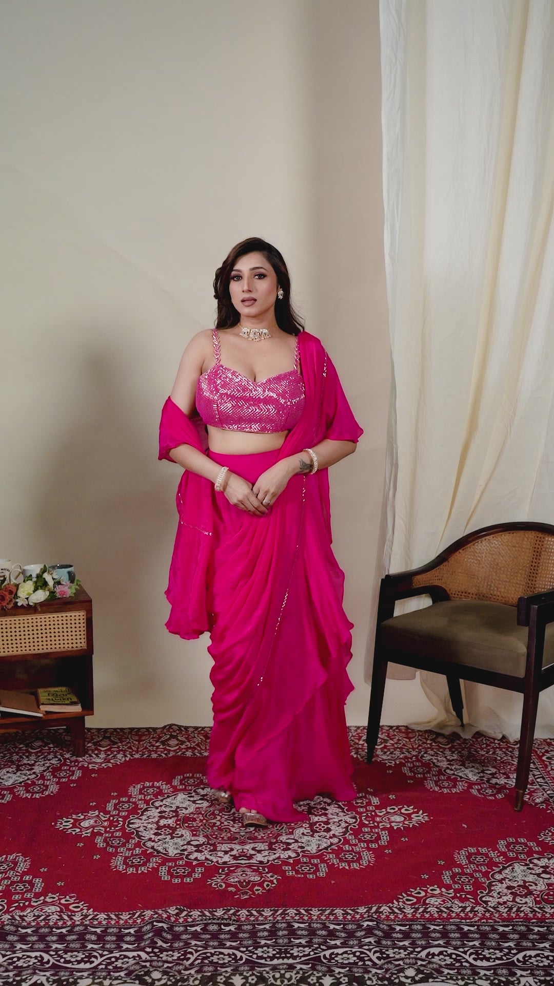 Hot Pink Ready to Wear Saree with Embellished Blouse