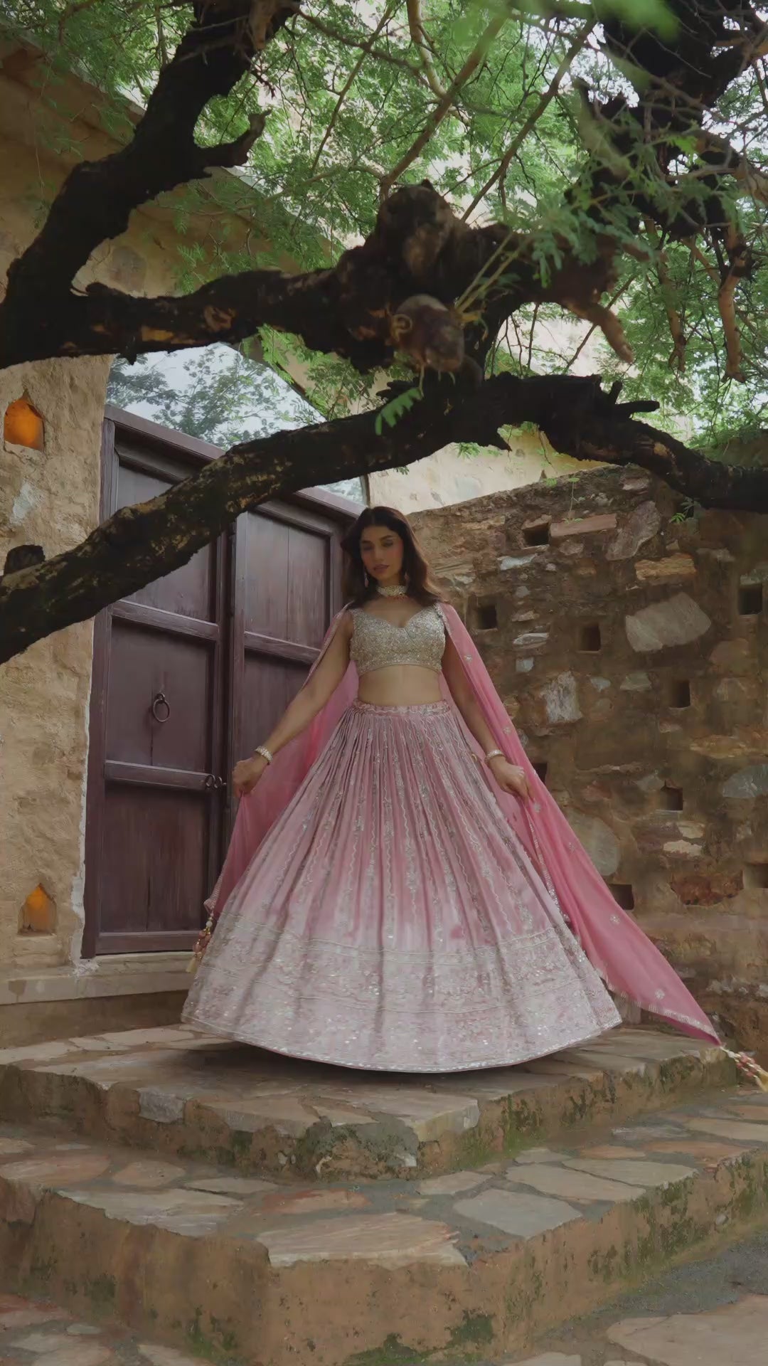 Blush Pink Lehenga Choli with Golden Embroidery and Matching Dupatta