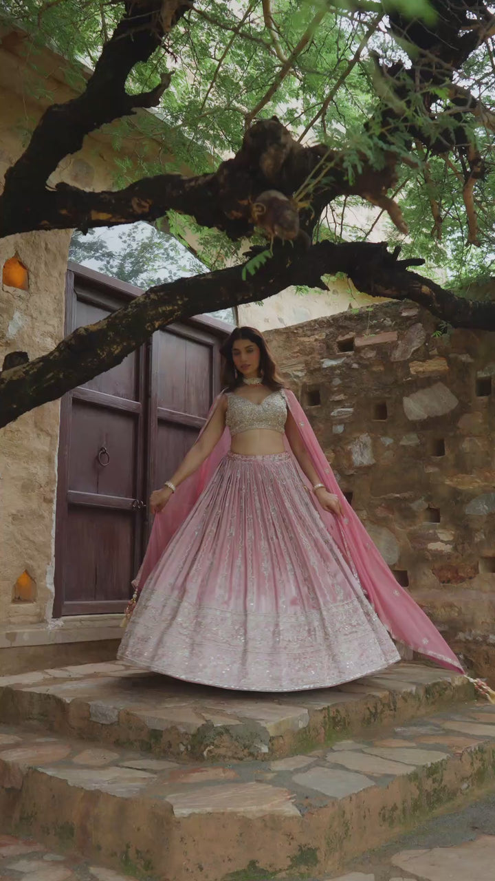 Blush Pink Lehenga Choli with Golden Embroidery and Matching Dupatta