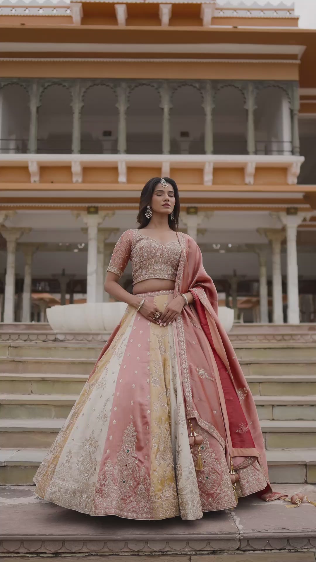 Peach Pink and Golden Beige Designer Lehenga Choli with Intricate Embroidery
