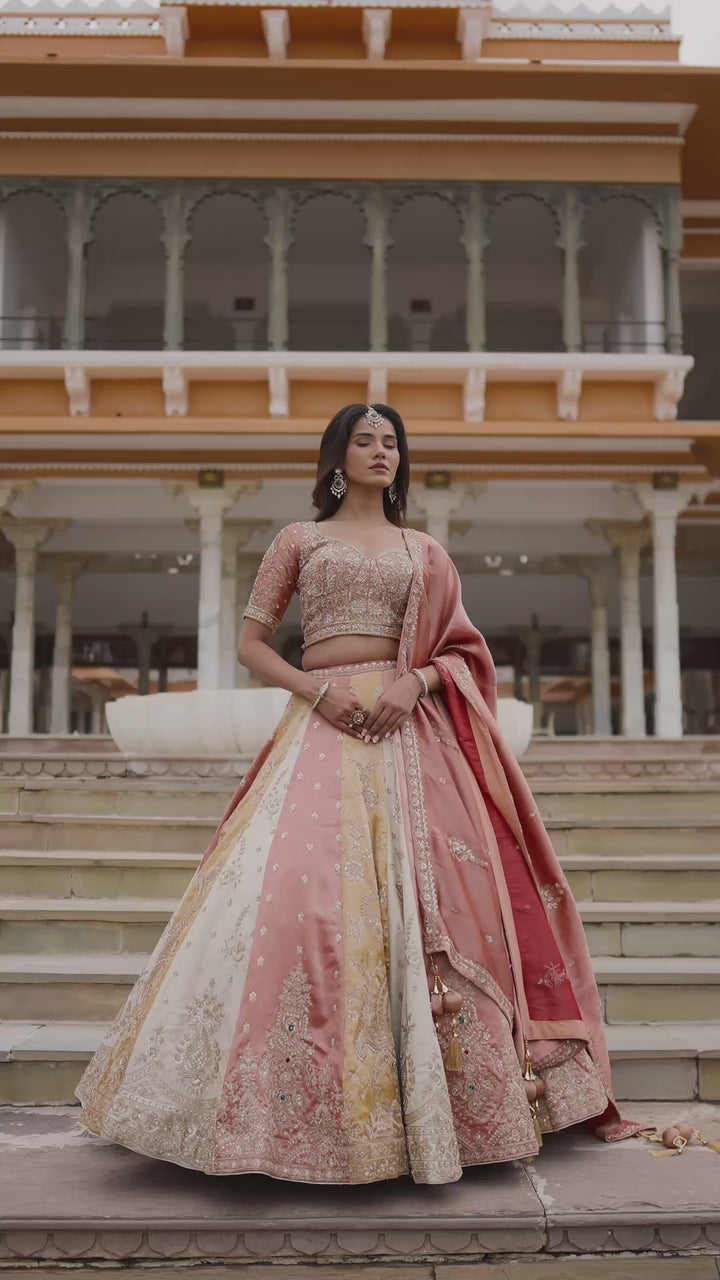 Peach Pink and Golden Beige Designer Lehenga Choli with Intricate Embroidery