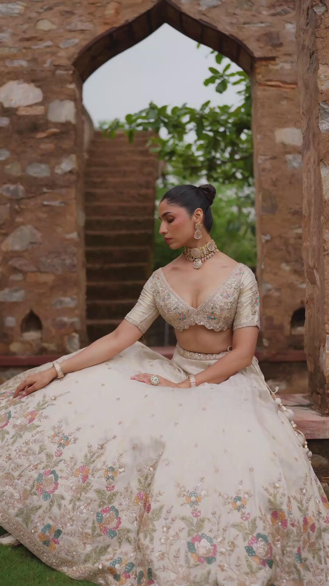 Ivory Cream Floral Lehenga Choli with Multicolour Embroidery and Pink Turquoise Dupatta