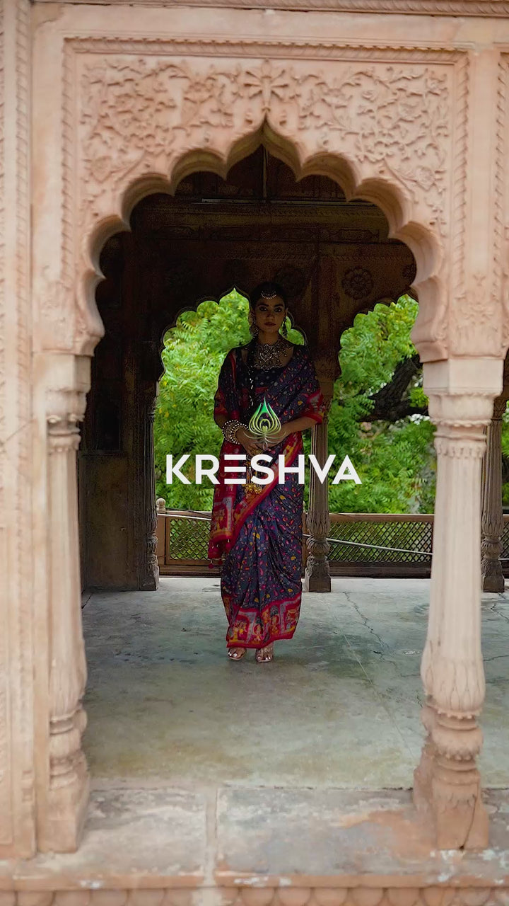 Charcoal Grey Heritage Pashmina Printed Saree with Pink Border & Traditional Motifs