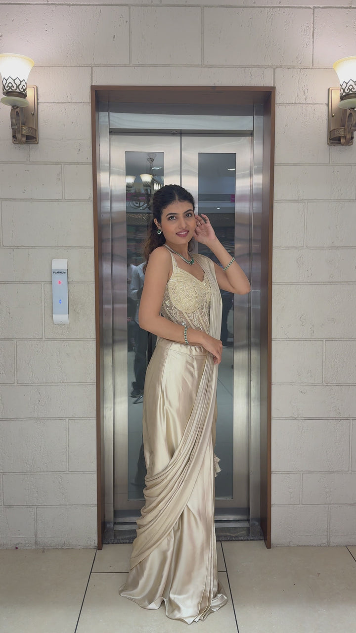 Champagne Gold Ready-to-Wear Draped Saree with Embroidered Corset Blouse