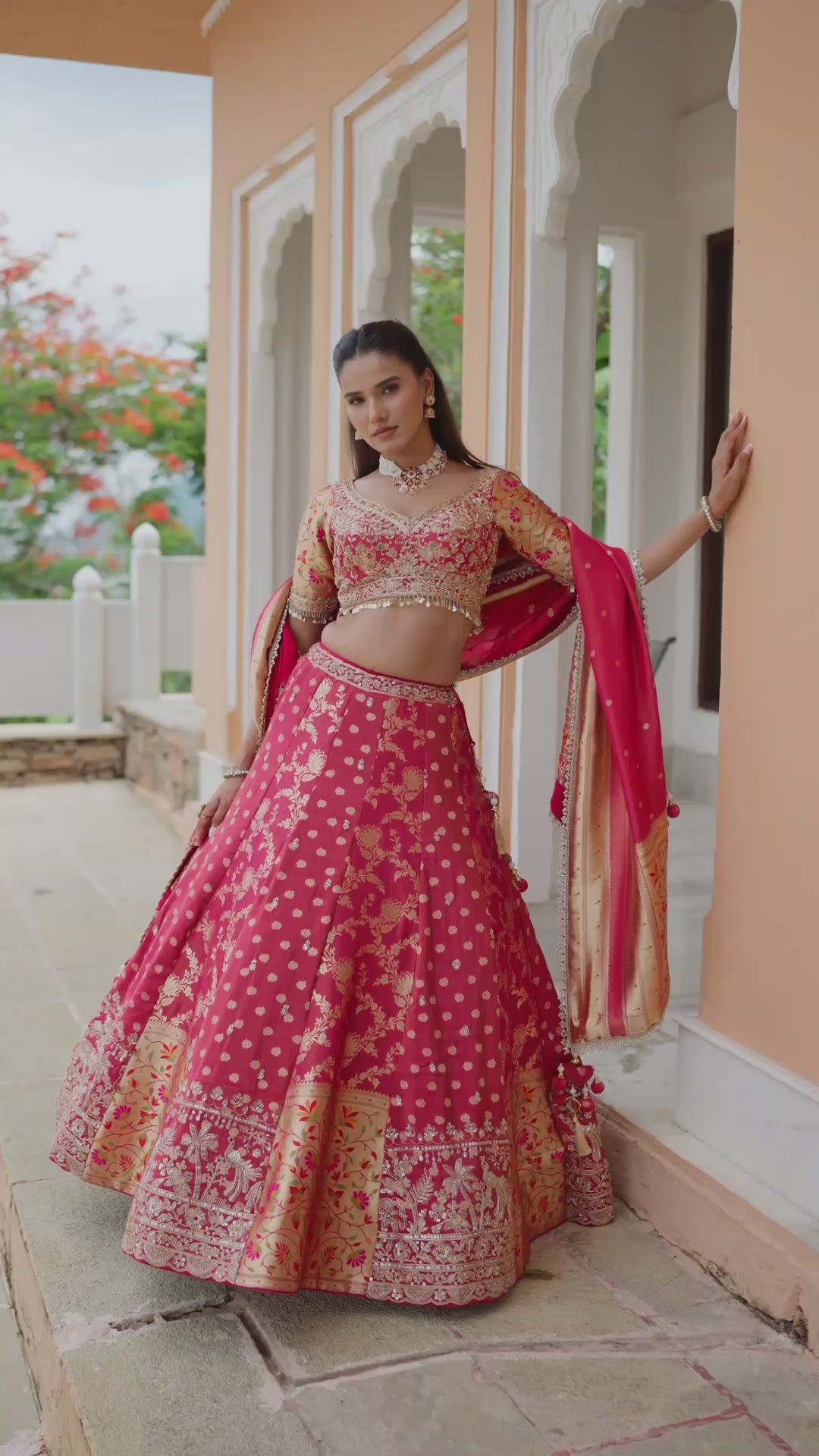 Maroon Pink Embroidered Lehenga Choli with Golden Floral Motifs and Designer Dupatta