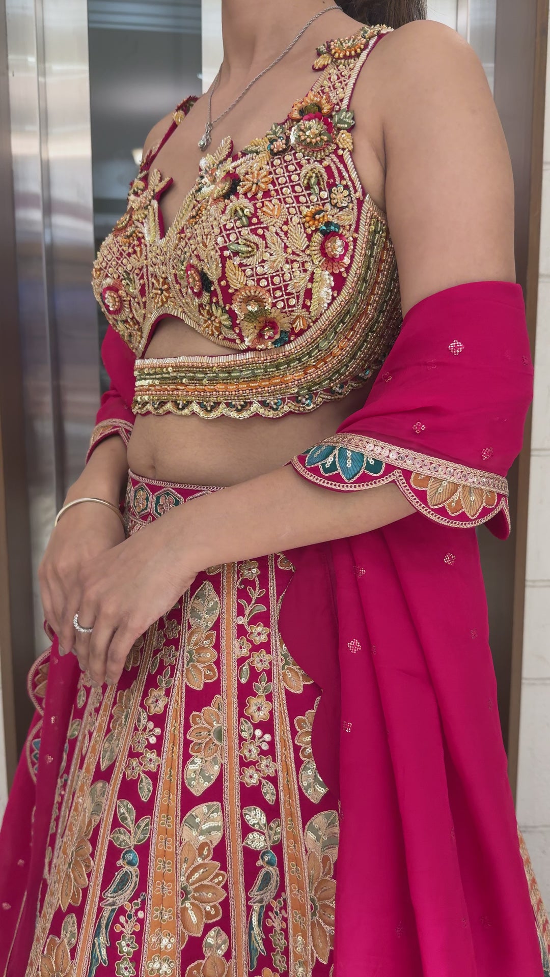 Traditional Multicolor Embroidered Bridal Lehenga with Pink Dupatta