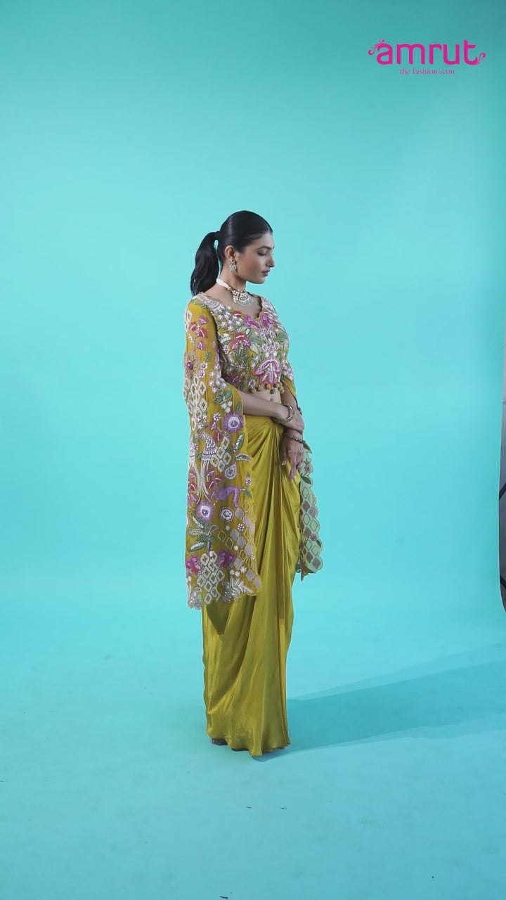 Multi-Colored Embroidered Crop Top with Draped Skirt