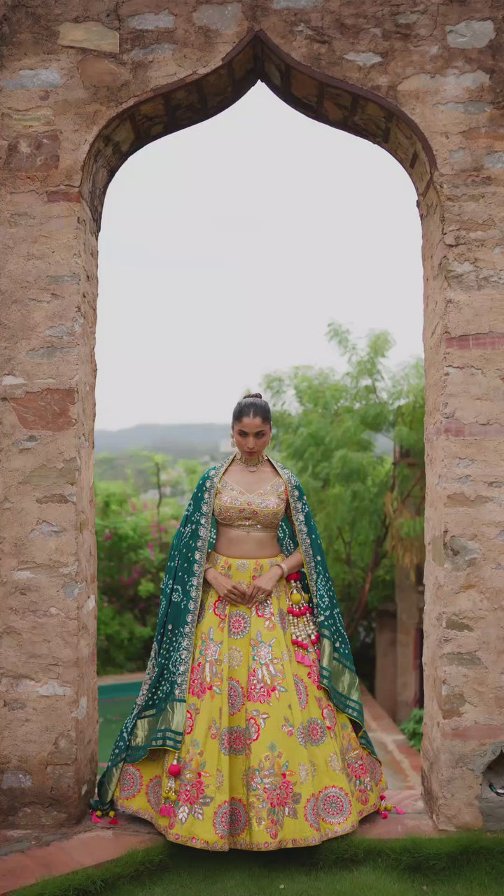 Mustard Yellow Designer Lehenga Choli with Teal Blue Dupatta and Multicolour Floral Embroidery