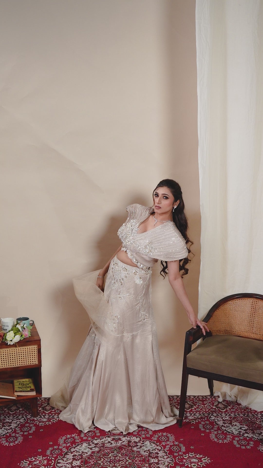 Champagne Beige Designer Lehenga Set with Embellished Blouse & Dupatta