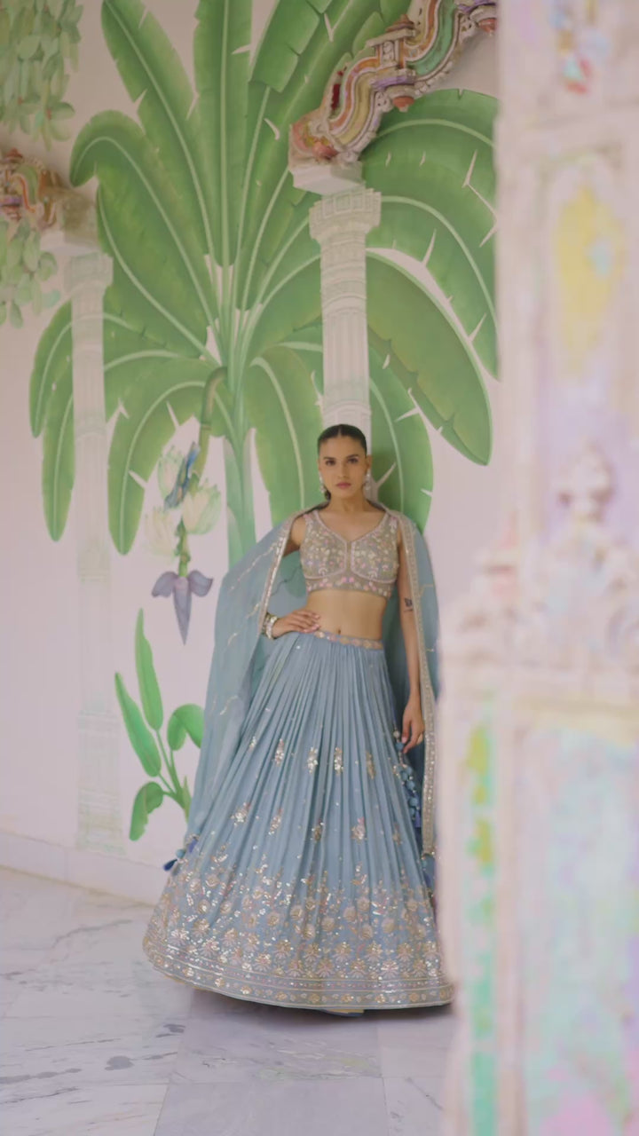Aqua Blue Luxury Hand-Embroidered Bridal Lehenga Set with Sequins & Zari Detailing
