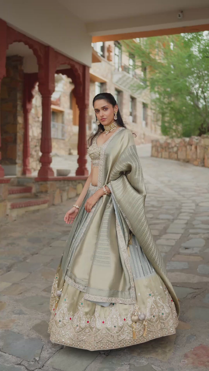 Sage Green Lehenga Choli with Golden Embroidery and Matching Dupatta