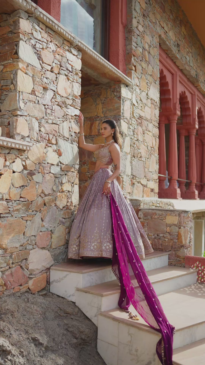 Dusty Mauve Embroidered Bridal Lehenga Choli Set with Wine Dupatta