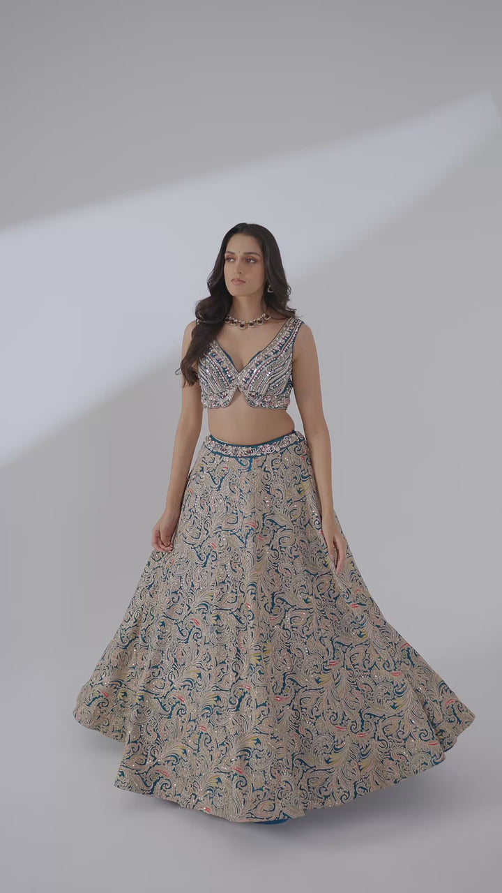 Teal Blue & Antique Gold Heavily Embroidered Designer Lehenga Set with Printed Dupatta