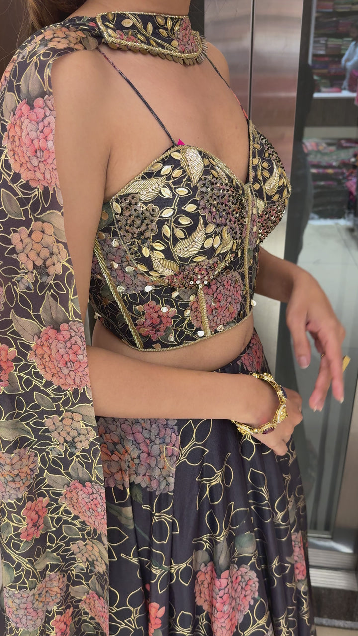 Deep Blue Floral Embellished Lehenga with Designer Bustier Blouse & Cape Dupatta