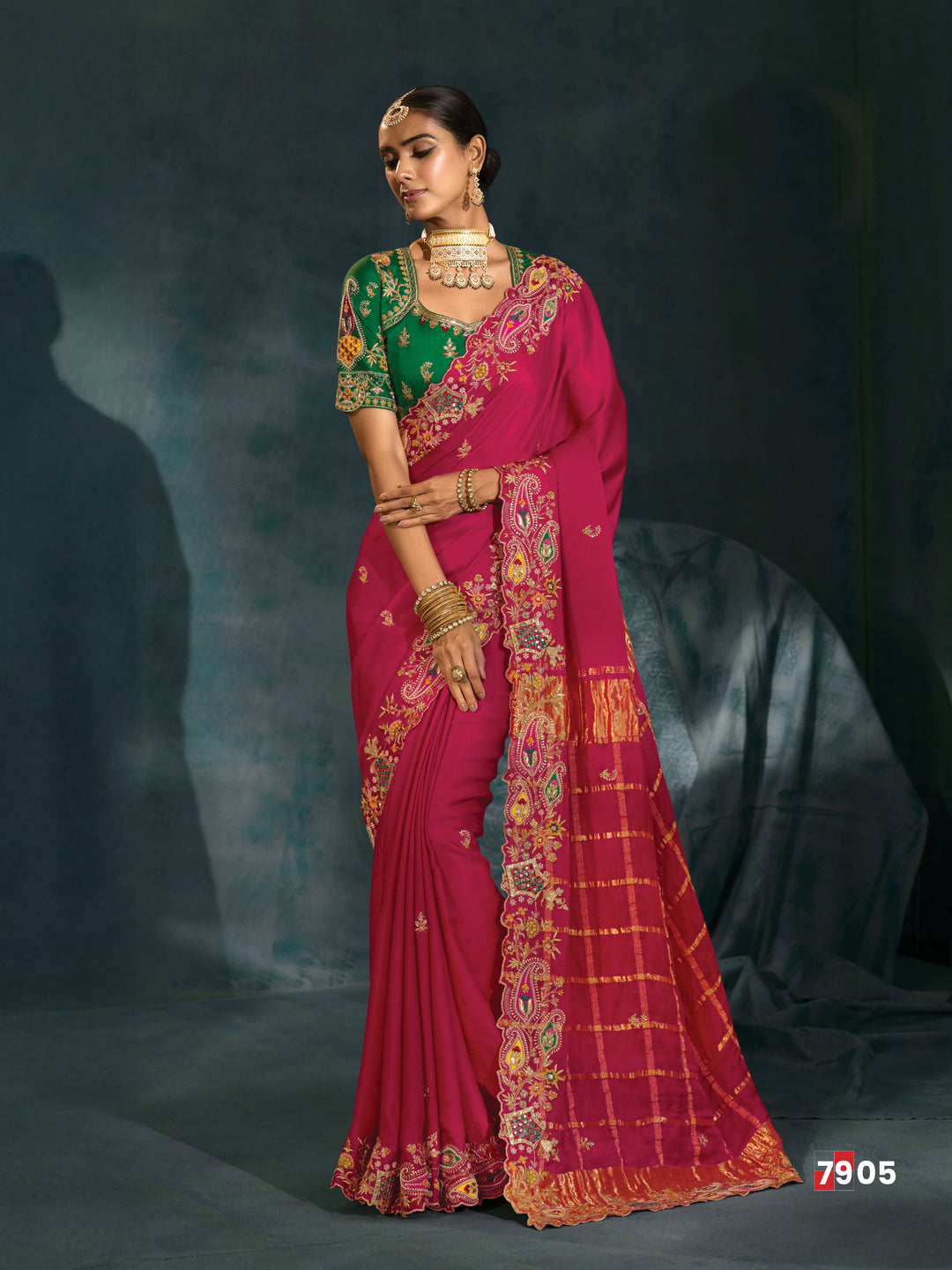 Rani Pink Embroidered Saree with Emerald Green Blouse