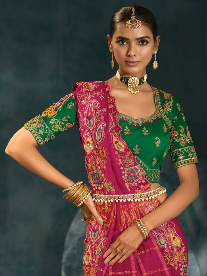 Rani Pink Embroidered Saree with Emerald Green Blouse