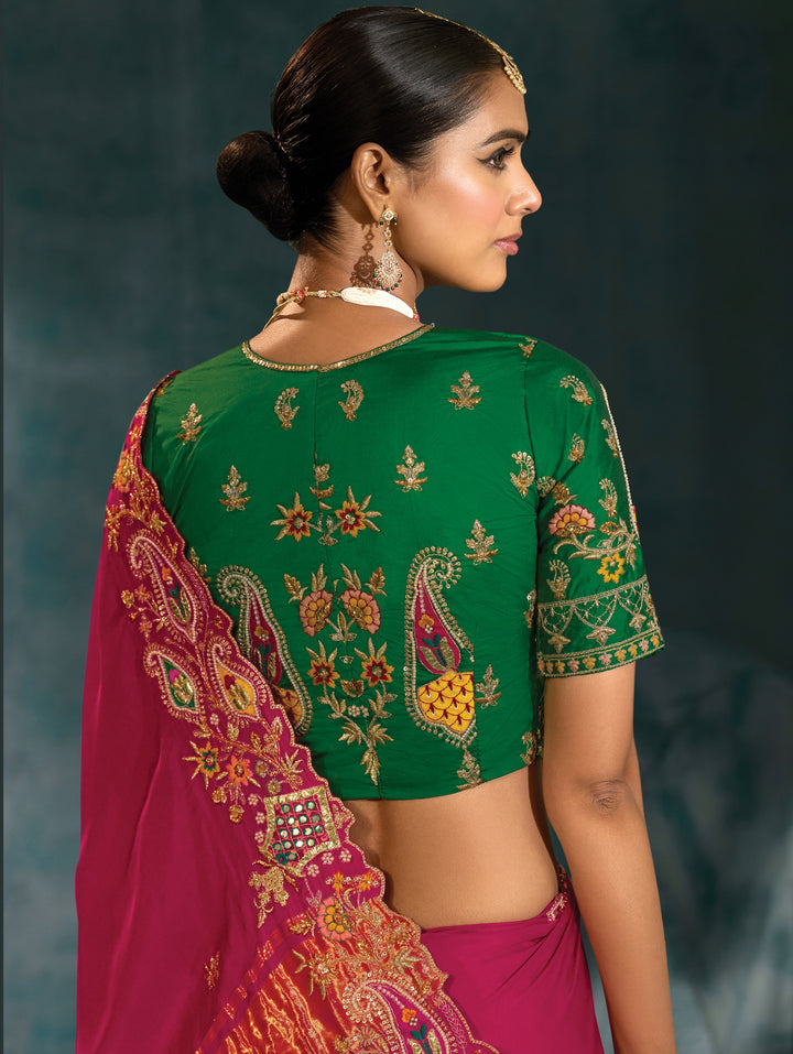Rani Pink Embroidered Saree with Emerald Green Blouse
