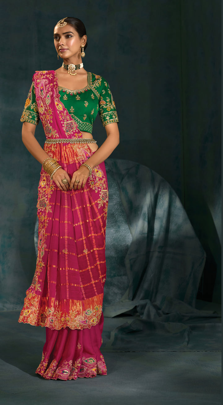 Rani Pink Embroidered Saree with Emerald Green Blouse