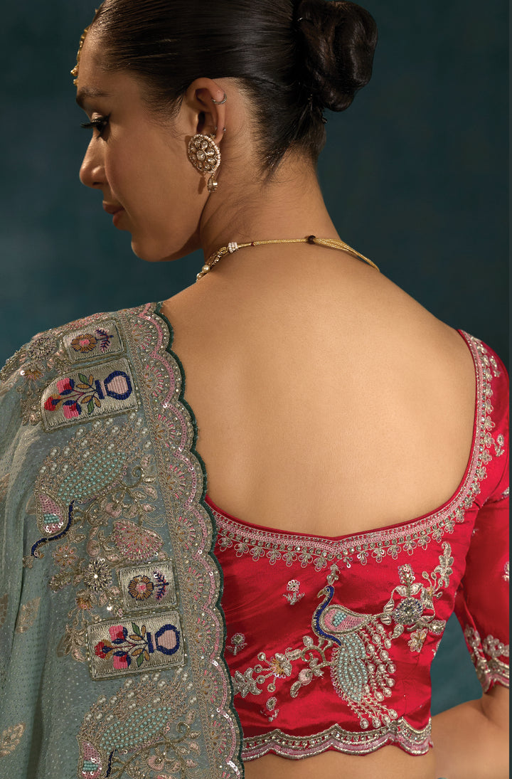 Sea Green Embroidered Designer Saree with Contrast Blouse