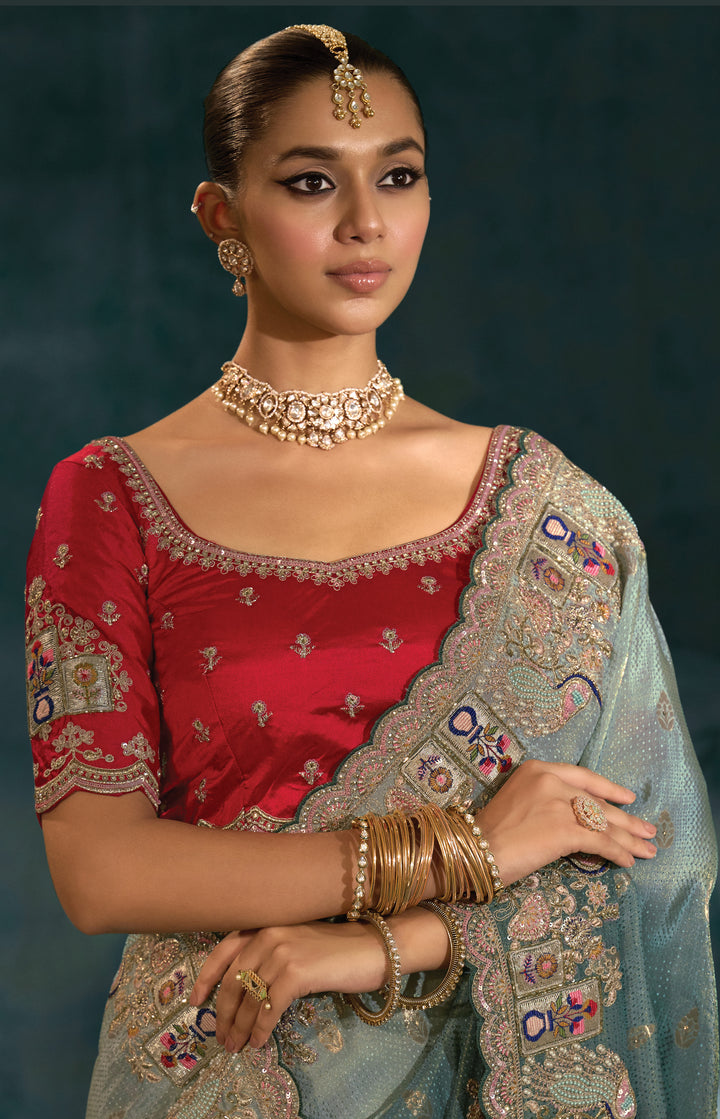 Sea Green Embroidered Designer Saree with Contrast Blouse