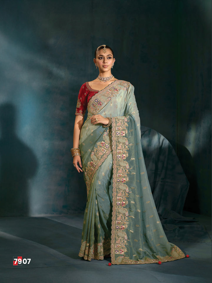 Sea Green Embroidered Designer Saree with Contrast Blouse