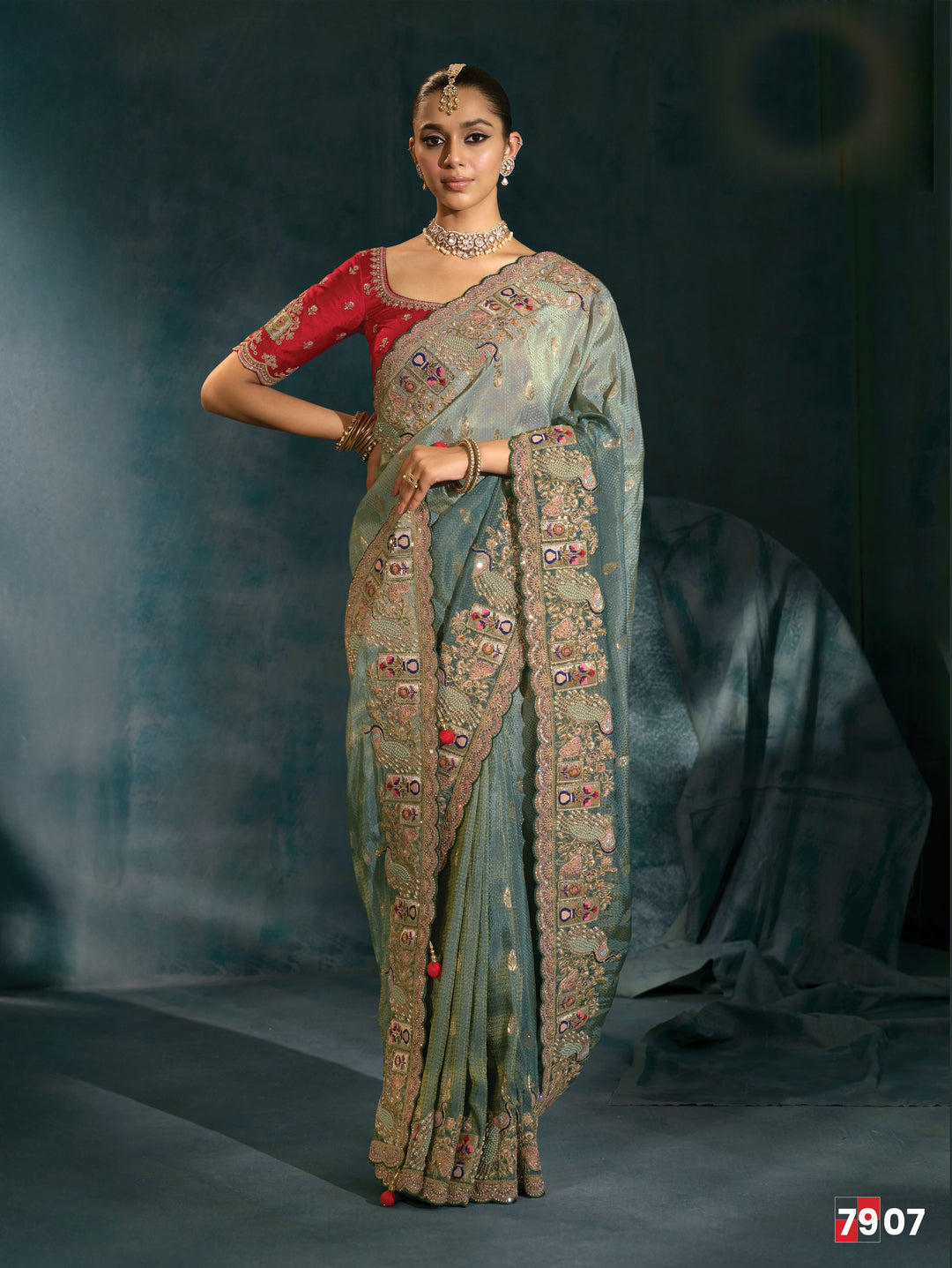 Sea Green Embroidered Designer Saree with Contrast Blouse